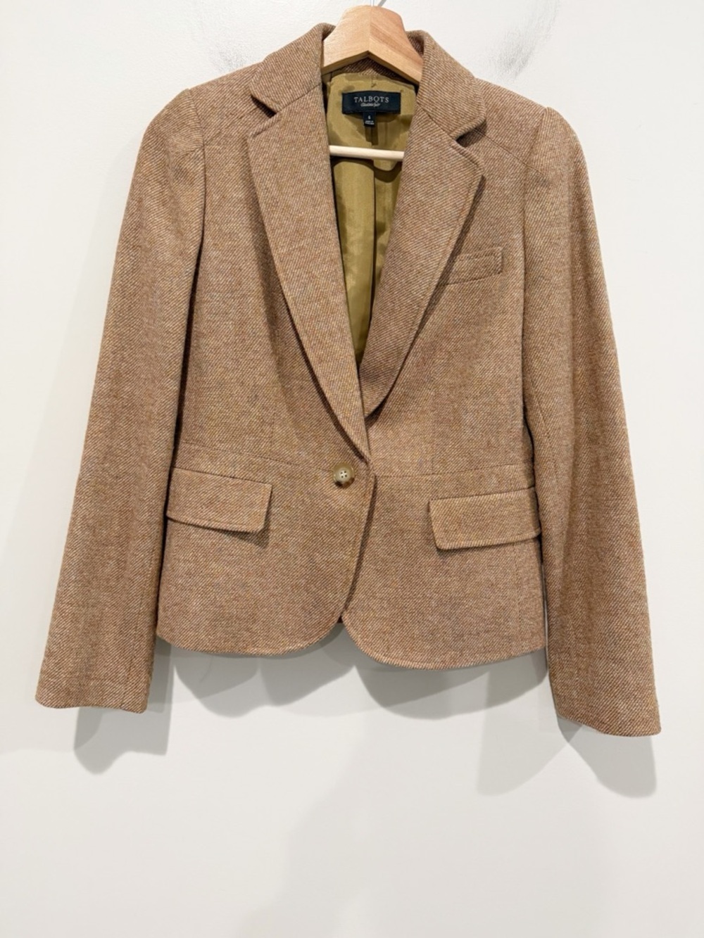 TALBOTS The Kate Fit Tan Brown Tweed Blazer Office Academia Preppy Work Size 6